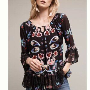 TRYB Silk Blouse XS Black Floral Chiffon Peasant Top Ruffle Lace Anthropologie